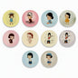 1.25-inch circular pinback buttons set with assorted girl portrait designs on buttons