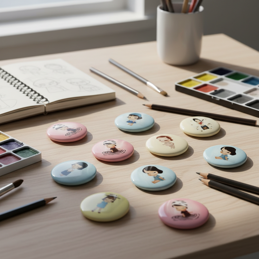 Ten circular pinback buttons on desk, featuring cartoon girl character artwork, assorted colors