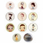 Set of 10 round character magnets with cartoon faces, including front and back sides
