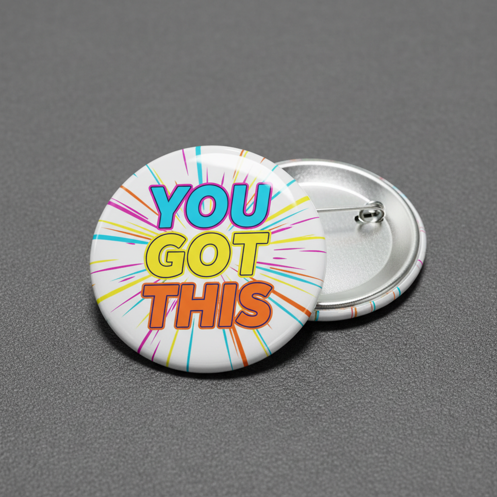 Round pinback badge with multicolor 'YOU GOT THIS' text