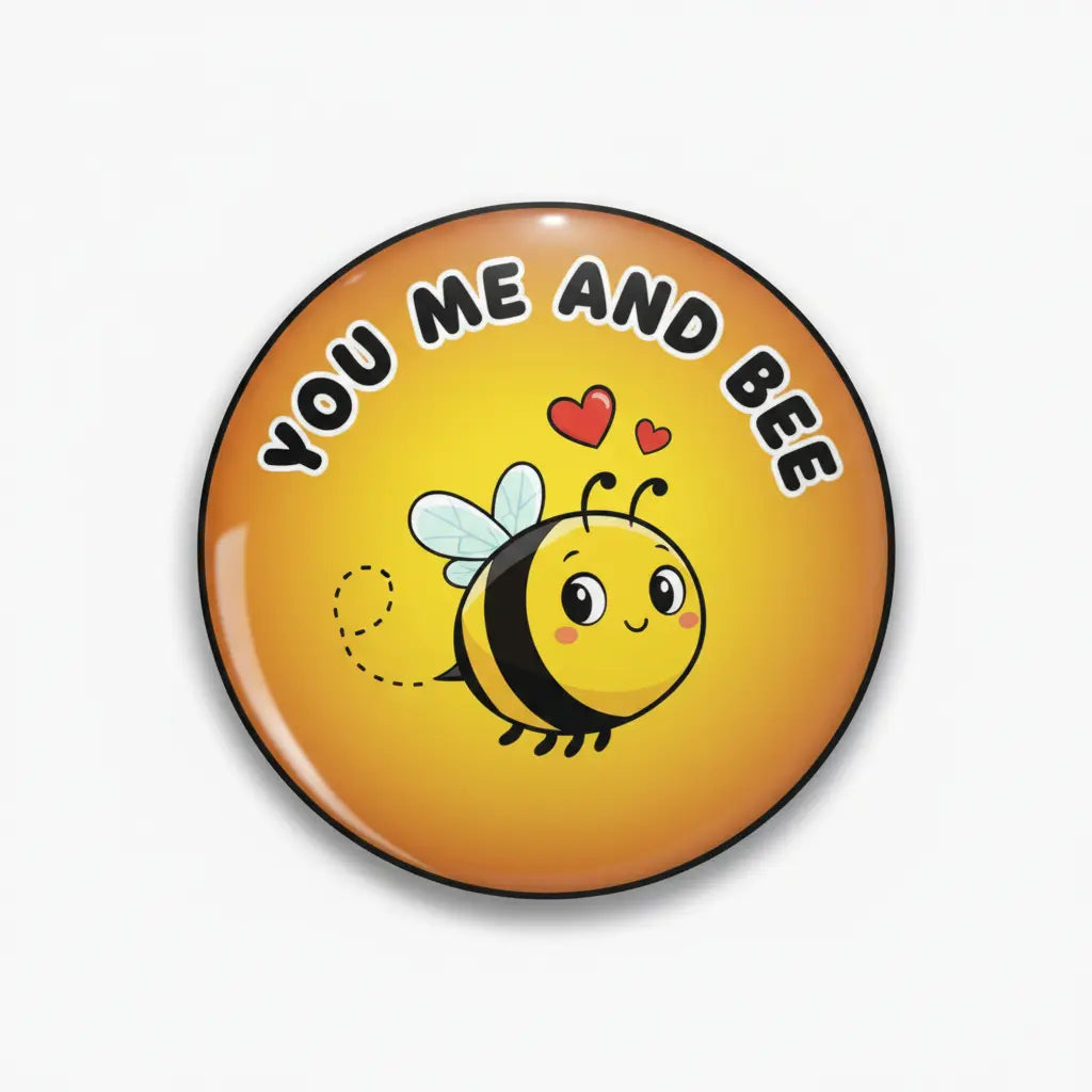 You Me and Bee pinback button, orange/yellow with cartoon bee and heart text