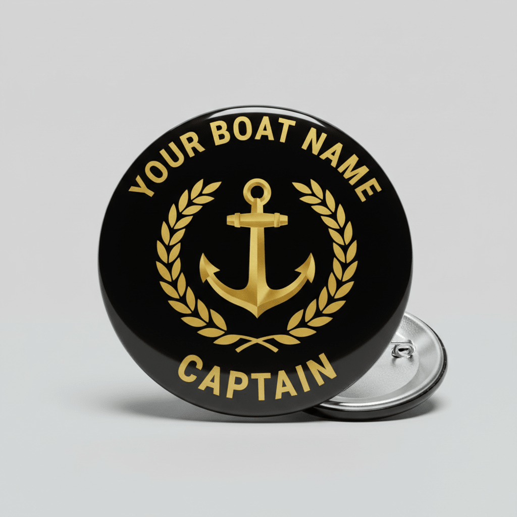 Your Boat Name Captain Anchor Gold Laurel Black Pin Button 2.25-inch - mypinbacks.com