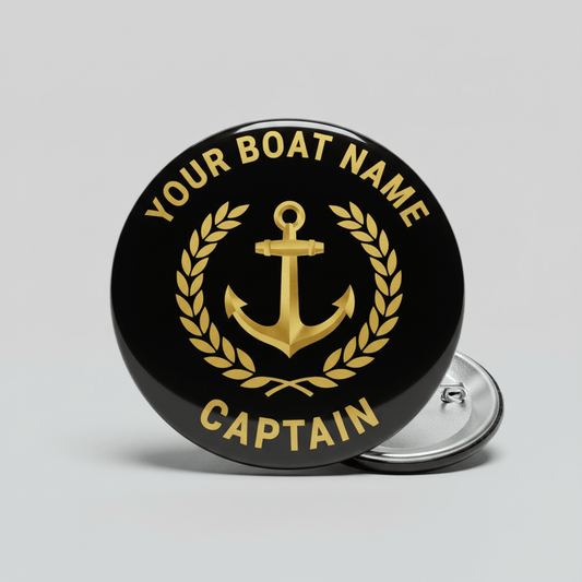 Your Boat Name Captain Anchor Gold Laurel Black Pinback 2.25-inch - My Pinbacks