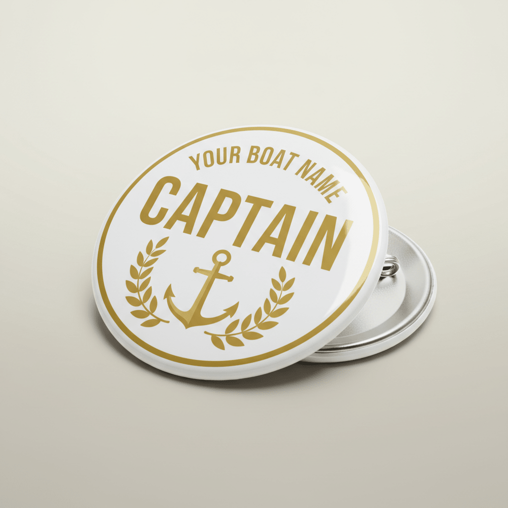 Your Boat Name Captain Anchor Gold Laurel White Pin Button 2.25-inch - mypinbacks.com