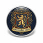 Round family crest coat of arms badge, dark blue background with gold lion emblem