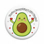2.25-inch pinback button with smiling avocado, hearts, and ring text on white