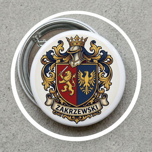 Zakrzewski Family Crest Coat of Arms Pinback 3-inch