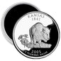 Round Kansas quarter style magnet with bison, Kansas 1861 and 2005, silver rim