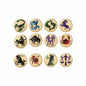 Set of 12 zodiac sign pinback buttons, round beige with colorful symbols