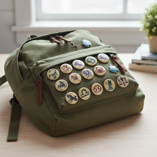 12 zodiac sign pinback buttons on olive canvas backpack front, round beige icons