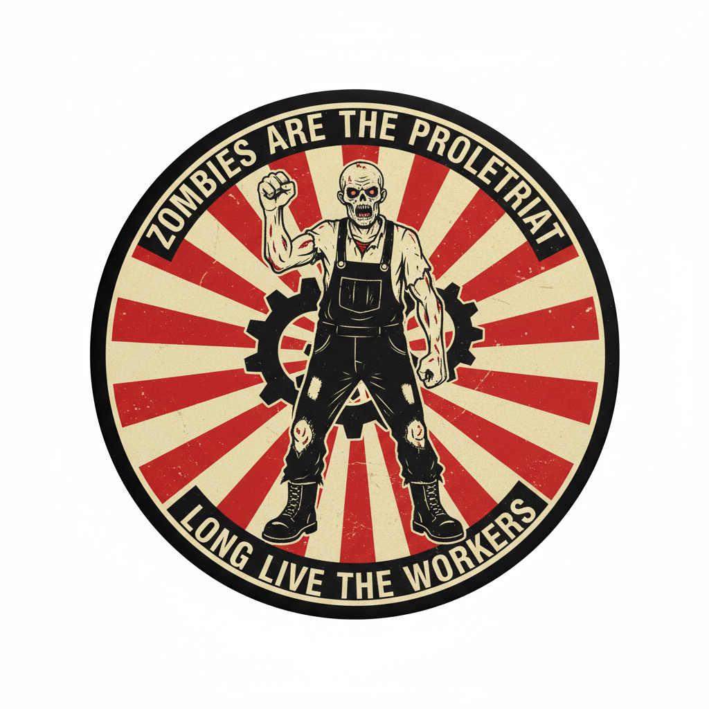 Circular graphic with a zombie character and text on a red and beige background