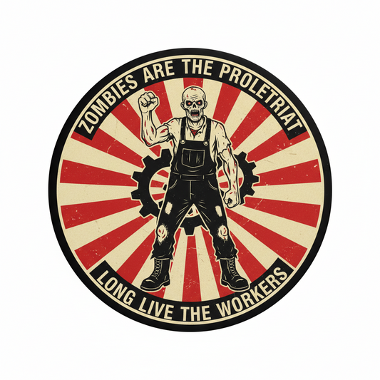 Circular graphic with a zombie character and text on a red and beige background