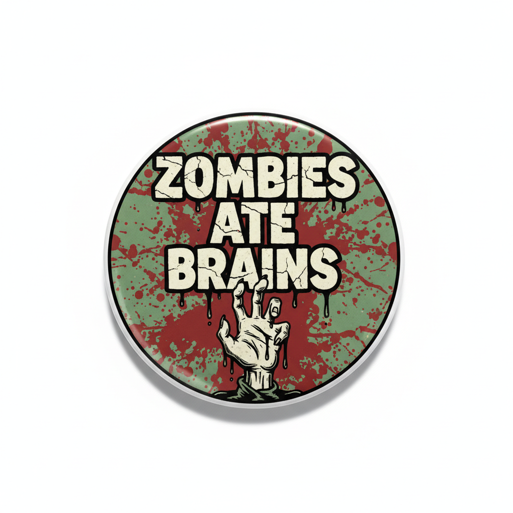 Zombie-themed 2.25-inch pinback button, round red-green graphic with 'Zombies Ate Brains' text