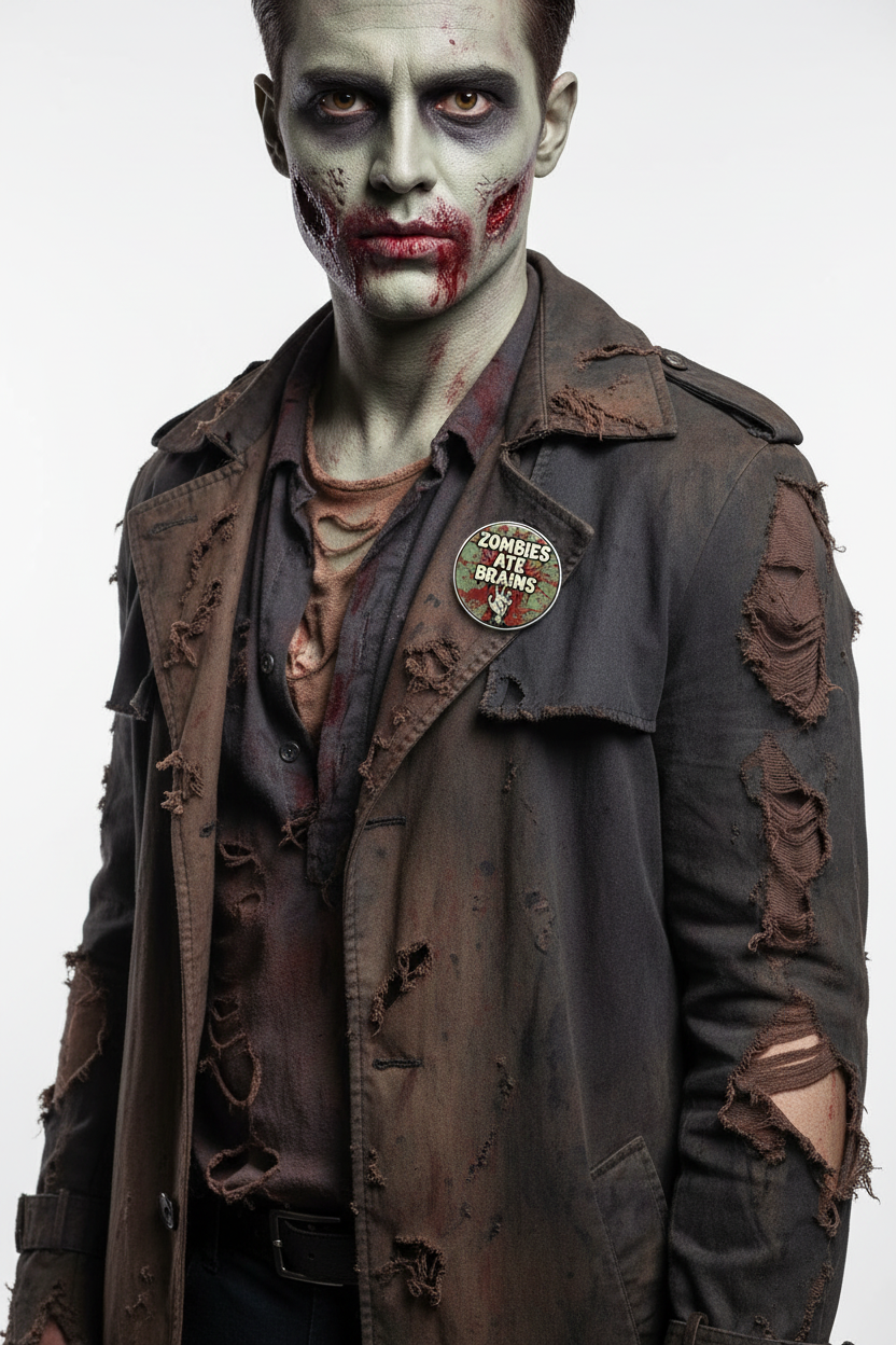 Zombie-themed 2.25-inch pinback button clipped to dark jacket, round red-green graphic visible