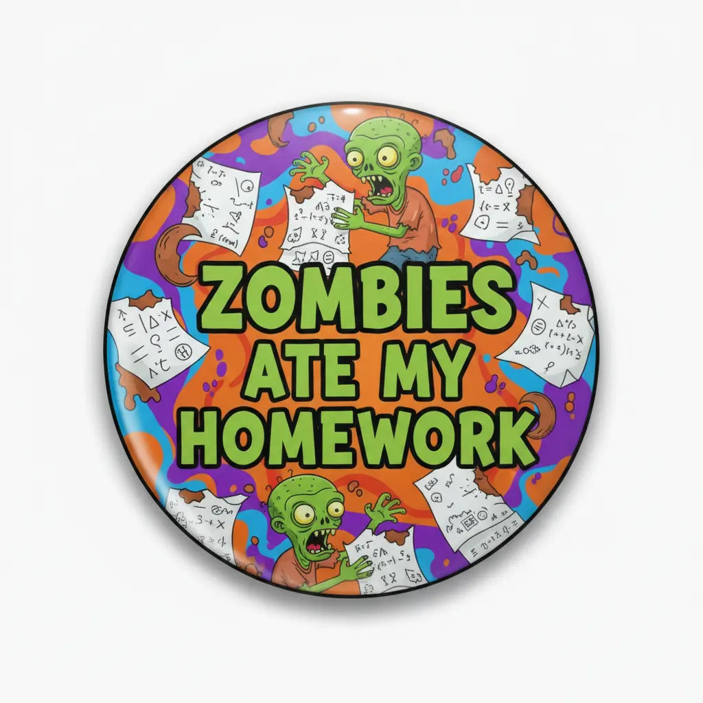 Pinback button with colorful zombie artwork and text 'Zombies Ate My Homework'