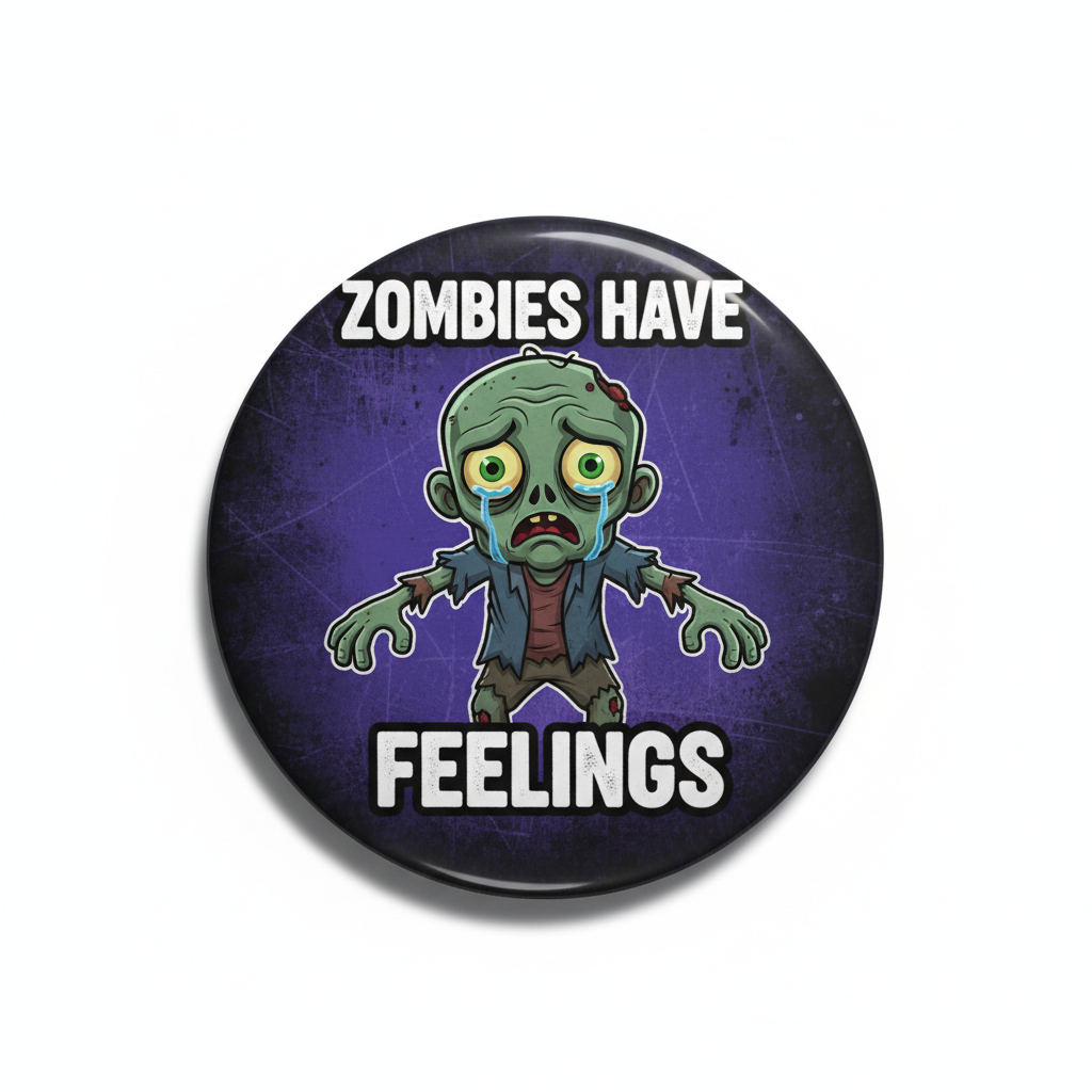 2.25-inch pinback button with green zombie cartoon and "Feelings" text