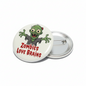 2.25-inch Zombies Love Brains pinback button, round white with zombie graphic and red text