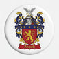 Round family crest coat of arms magnet with red shield, blue scrolls, gold details