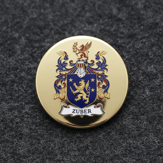 Zuber Family Crest Coat of Arms Pinback 3-inch - My Pinbacks