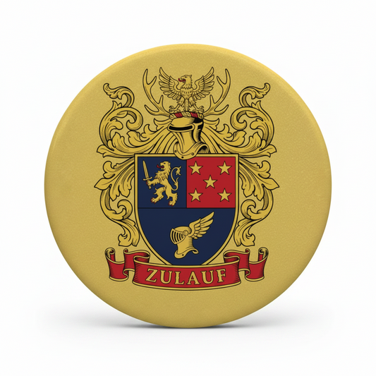 Gold 3-inch coat of arms family crest pinback with ZULAUF banner and shield