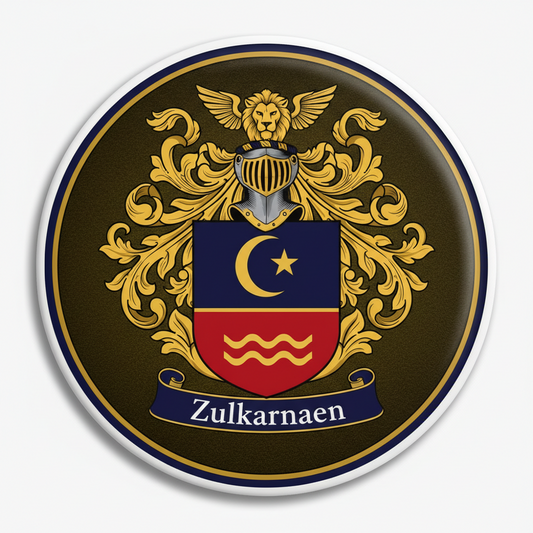 Zulkarnaen family crest pinback: circular gold and dark shield design with lion, winged helm