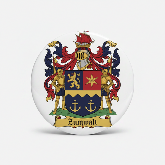 Round 3-inch enamel-style pinback with centered Zumwalt coat of arms crest