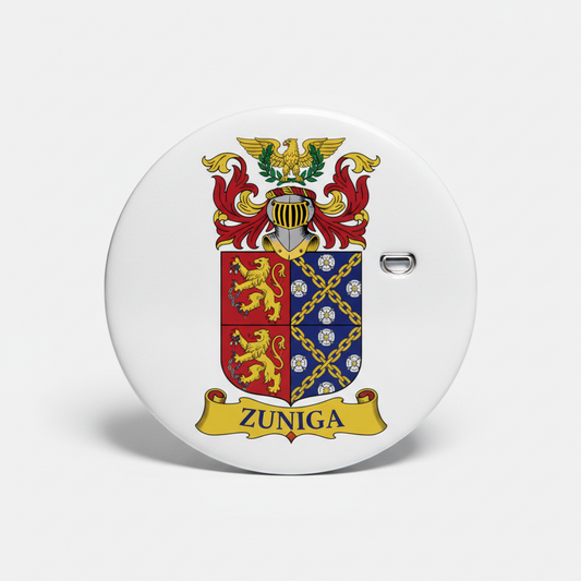 Round Zuniga family crest enamel pinback, gold banner and multicolor shield with metal loop