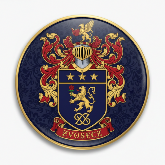 Family crest coat of arms pinback badge, round gold border with colorful shield design