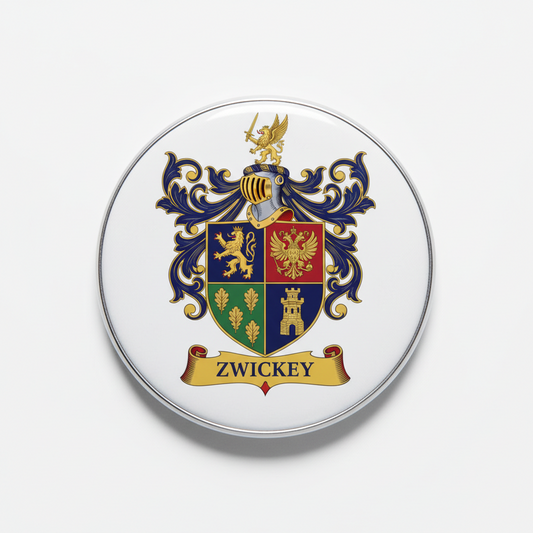 Round ZWICKEY coat of arms pinback with colorful shield and banner lettering