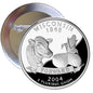 3-inch Wisconsin quarter pinback button, silver coin design with cow and corn, 1848/2004